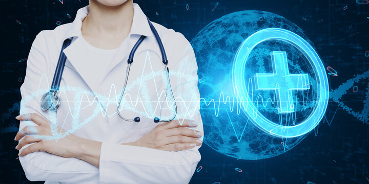 Folded doctor hands with glowing medical hologram with globe and dna helix on blurry background. Medicine, technology and future concept.