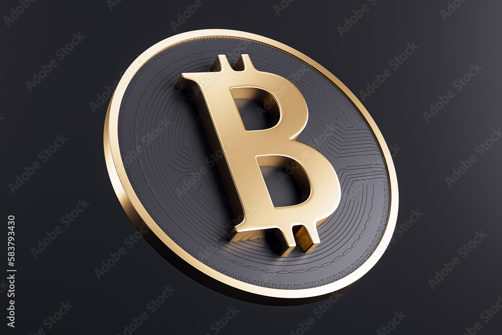 Poster golden bitcoin sign on black background. crypto and finance concept. 3d rendering.