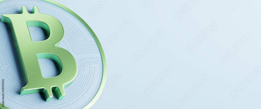 Poster green bitcoin sign on wide background with mock up place. crypto and finance concept. 3d rendering.