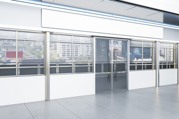 Modern storefront with empty white wide mock up banner and city window reflections. Mock up, 3D Rendering.