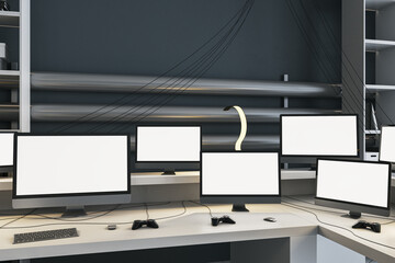 Contemporary office interior with multiple empty white computer monitors on light desk. Gaming, work, hacking and bitcoin mining concept. Mock up, 3D Rendering.