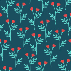 Seamless pattern with roses and leaves on a dark blue background vector