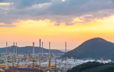 Refinery view of oil factory and large oil tanks
