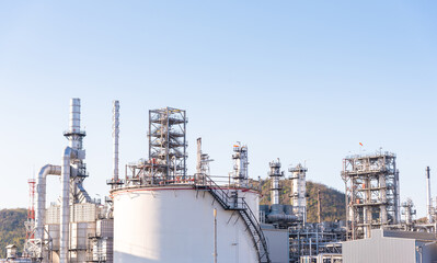 Refinery view of oil factory and large oil tanks
