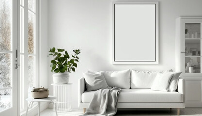 Fototapeta na wymiar Canvas mockup in modern interior, blank white frame on the wall of living room. Generative Ai.