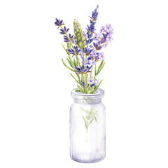 Naklejka na ściany i meble Watercolor botanical illustration. Bouquet of purple lavender flowers in a glass vase. Isolated on a white background. A fragrant field herb.For design of stickers, wedding invitations, home products