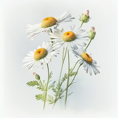 Fototapeta premium Watercolor chamomile illustration on white background. Flower art. Ai generated