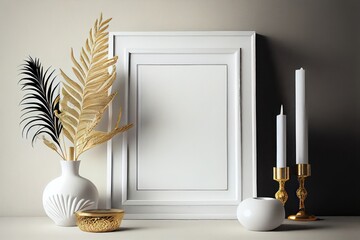 Minimal boho replica empty white photo frame Tasteful decor, stylish lighting. AI generative