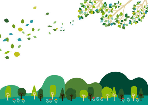 緑の風景　山と木と葉っぱ付き枝のフレーム Scandinavian Style Series:Green landscape Frame (mountains, trees and branches with leaves)