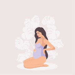 Banner with pregnant elegant woman, future mom hugging belly with arms. Happy Mother's Day. Flat vector illustration.