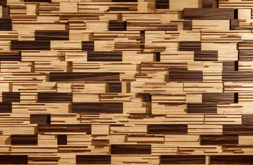 Abstract decorative wooden wall, wood veneer mosaic geometric structure. Copy space, decorative background. Generative AI