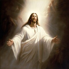 Illustration revelation of Jesus Christ, new testament, religion of christianity, heaven and hell over the crowd of people, Jerusalem of the bible. Generative AI