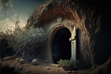 Resurrection of Jesus Christ, empty tomb, Jesus coming out of the tomb. Cricifix. Religion and the bible. Easter or Resurrection concept.  Generative AI