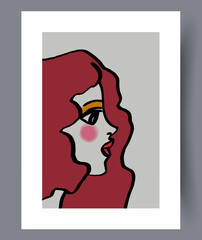 Portrait girl shy face wall art print. Printable minimal abstract girl poster. Wall artwork for interior design. Contemporary decorative background with face.