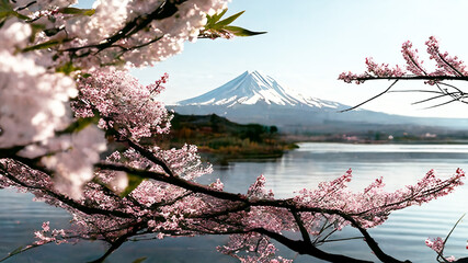 Cherry blossoms in front of Mount Fuji. AI generated illustration.