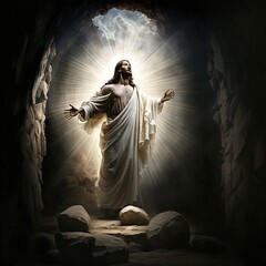 Resurrection of Jesus Christ, empty tomb, Jesus coming out of the tomb. Cricifix. Religion and the bible. Easter or Resurrection concept.  Generative AI