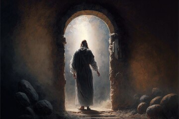 Obraz premium Resurrection of Jesus Christ, empty tomb, Jesus coming out of the tomb. Cricifix. Religion and the bible. Easter or Resurrection concept. Generative AI