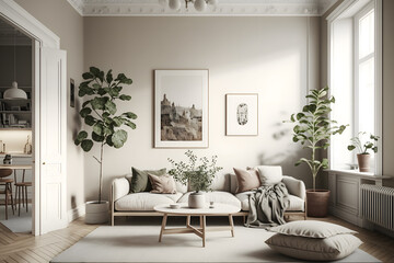 Natural and neutral tones Minimal interior design,living room Generative ai