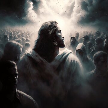 Illustration revelation of Jesus Christ, new testament, religion of christianity, heaven and hell over the crowd of people, Jerusalem of the bible. Generative AI