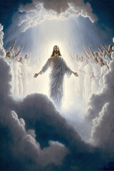 Illustration revelation of Jesus Christ, new testament, religion of christianity, heaven and hell over the crowd of people, Jerusalem of the bible. Generative AI