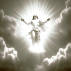 Fototapeta premium Illustration revelation of Jesus Christ, new testament, religion of christianity, heaven and hell over the crowd of people, Jerusalem of the bible. Generative AI