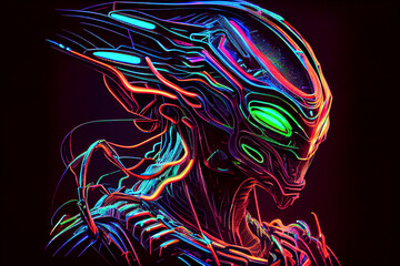 alien neon sticker print in dark illustration Generative AI