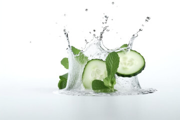 Fototapeta na wymiar Water splash on white background with Cucumber slices. generative ai 