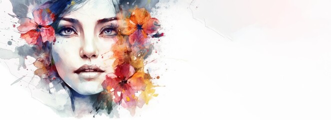 beautiful woman with flowers watercolor ,International Women's Day, happiness woman watercolor, Generative Ai