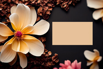 beige flowers on black background greeting card celebration March 8 copy space mockup. illustration Generative AI