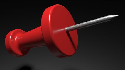 Red Thumb pin with steel tip. Notice board pin isolated on black background. Red Push pin design 3d render