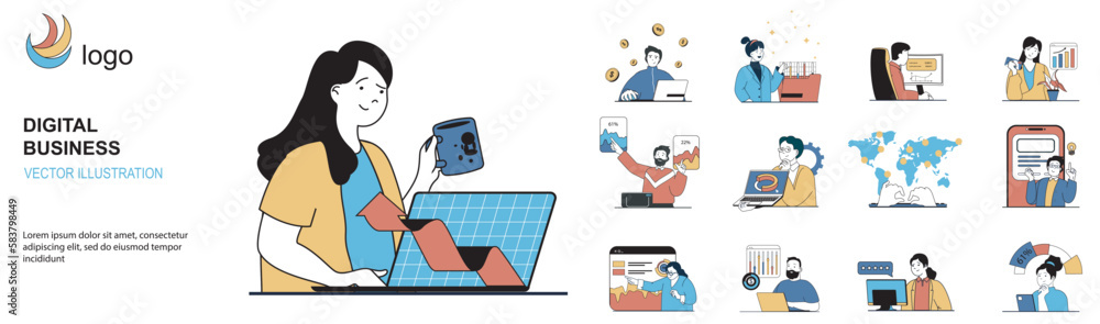Leinwandbilder digital business concept with character situations collection. bundle of scenes people developing on