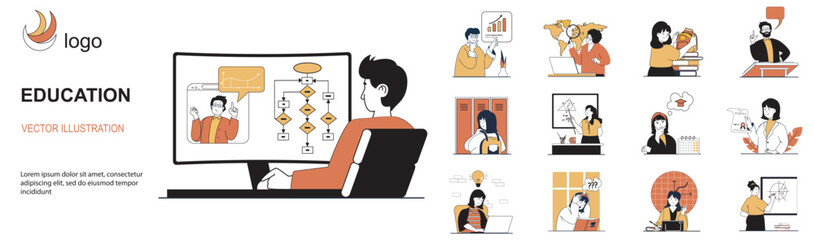 Education concept with character situations collection. Bundle of scenes people learning online, preparing to exam, teaching at lessons, get university diploma. Vector illustrations in flat web design