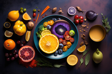 Fototapeta na wymiar Top view of food. Vegan food, vitamin food. Fruits and vegetables mad with Generative Ai, ai art