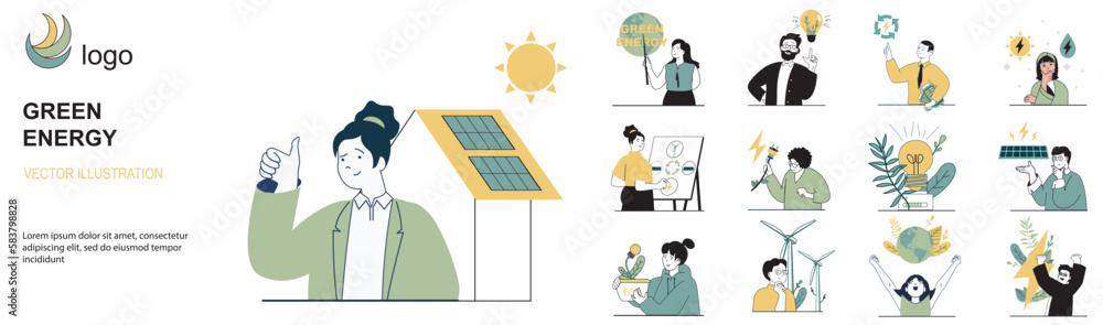 Leinwandbilder green energy concept with character situations collection. bundle of scenes people using alternative