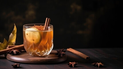 Hard apple cider cocktail with cinnamon. Illustration AI Generative. - obrazy, fototapety, plakaty