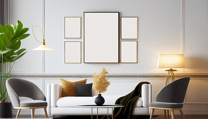 Modern Interior Design 3D Render of Luxurious Apartment Background with Contemporary Mockup Poster Frame on Living Room Wall - 3D Illustration (3)