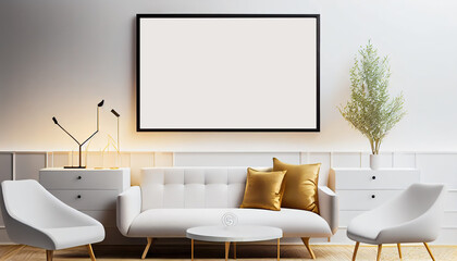 Modern Interior Design 3D Render of Luxurious Apartment Background with Contemporary Mockup Poster Frame on Living Room Wall - 3D Illustration (3)