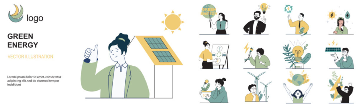 Green energy concept with character situations collection. Bundle of scenes people using alternative energy sources and take care about nature and ecology. Vector illustrations in flat web design