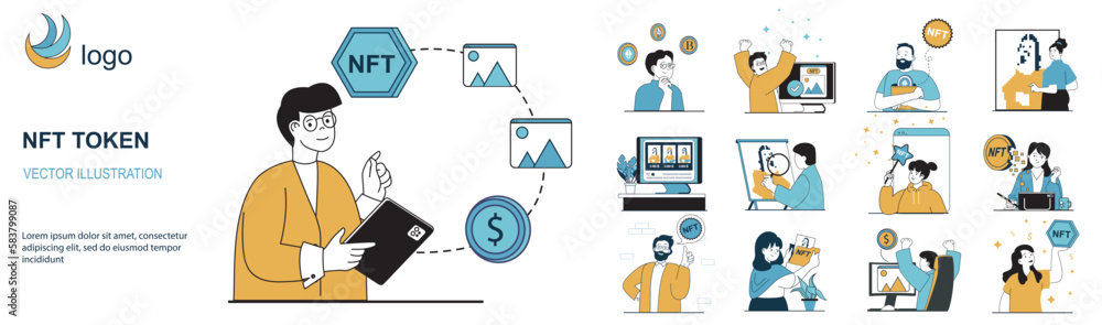 Poster nft token concept with character situations collection. bundle of scenes people buying and selling d