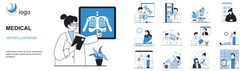 Medical concept with character situations collection. Bundle of scenes people working as doctors and nurses, making lab tests, consulting patients at hospital. Vector illustrations in flat web design