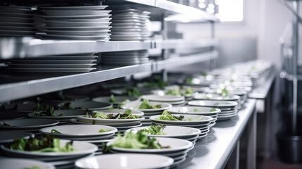 Many plates of vegetable salad in commercial kitchen Illustration AI Generative.