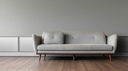 salle vide avec un canapé gris contre un mur gris clair , avec un parquet en bois et une lumière naturelle, illustration graphique, ia générative