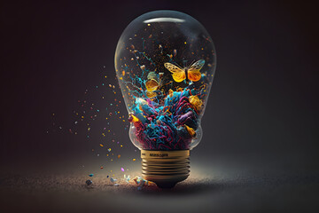 Colorful abstract light bulb with butterfly. Generative AI