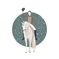Classic dressage rider on horseback, front view, vector illustration