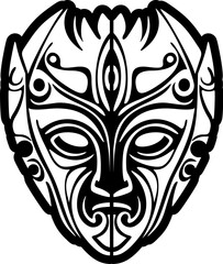 Vector tattoo sketch of a Polynesian god mask, with black and white colors.