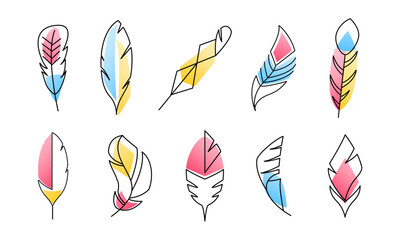 Set of Colorful abstract feather, strips textured bright line vector feather symbols