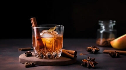 Hard apple cider cocktail with cinnamon. Illustration AI Generative.