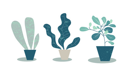 Obraz premium Home plants in pots. Simple flat illustration of potted plants. Modern design with monstera leaves and tropical plants. Artistic fashion print. Vector EPS10 illustration