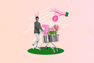 Creative minimal collage of young girl wear drawn ears pushing hypermarket cart packages paper bunny tulips shopping ad isolated on pink background