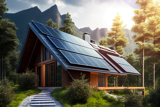 Solar Battery Panels On The Roof Of The House Illustration Generative AI